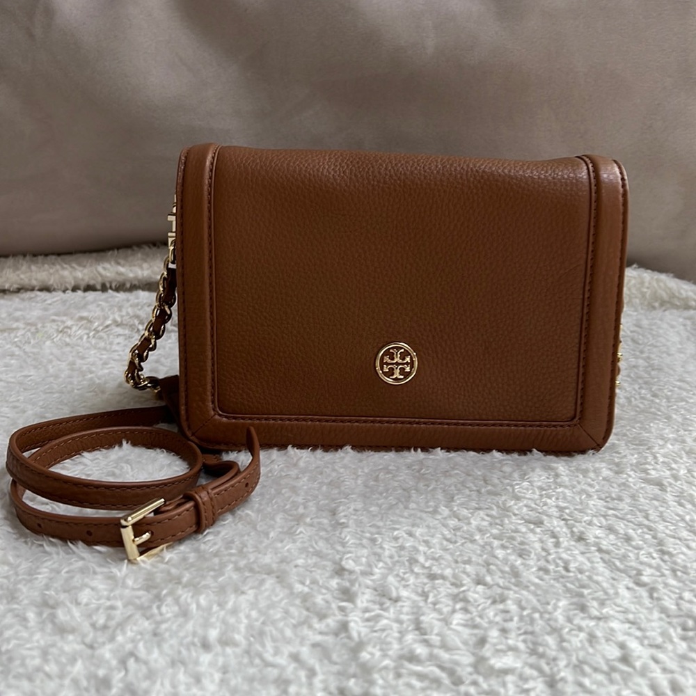 Tory Burch leather flap bag, caramel color. EUC.